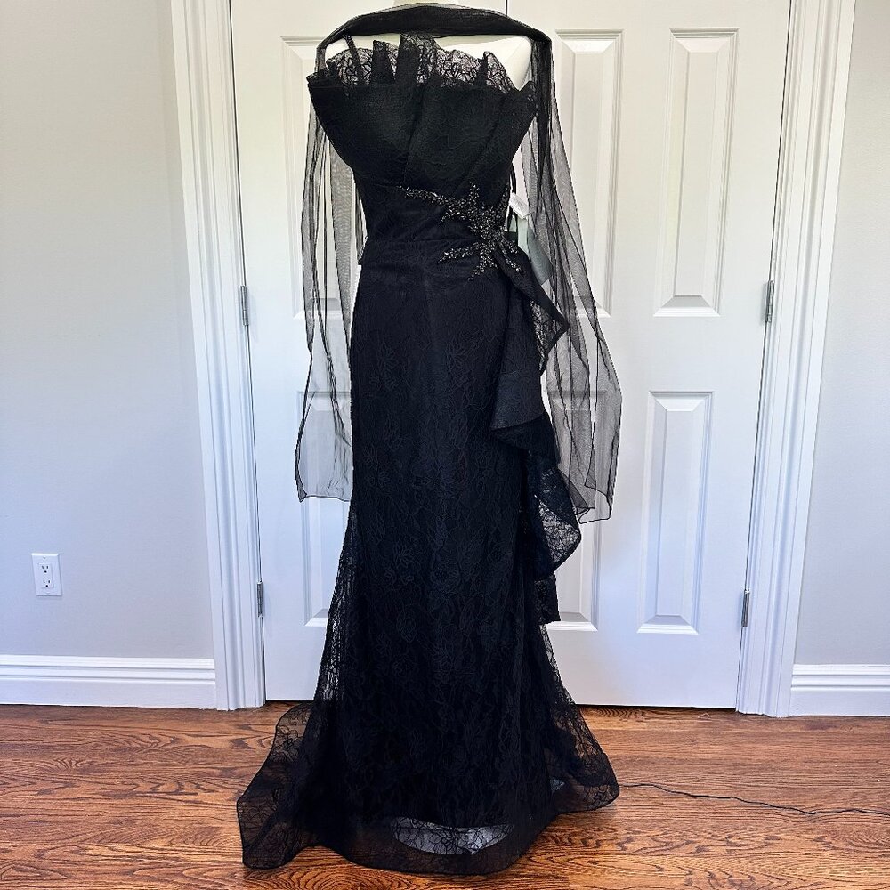 NWT Masoni Strapless Lace Embellished Gown Ruffle Tulle Evening Black Tie Size 8